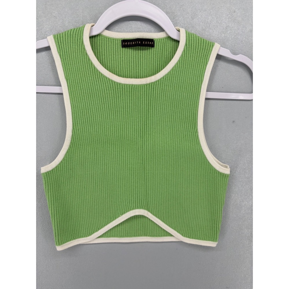 Brooklyn Karma Womens Tank Top Green Ribbed Knit Curved Hem Cashmere Blend M